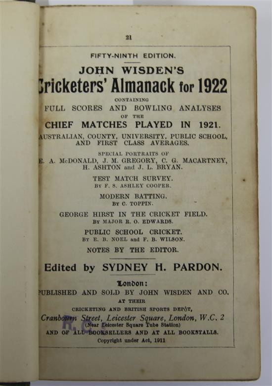 A Wisden Cricketers Almanack for 1922, hardback, rebound